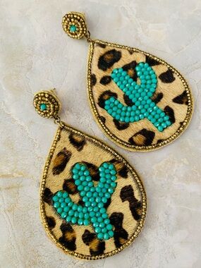 Leopard Print Turquoise Crystal Cactus Large Teardrop Earrings